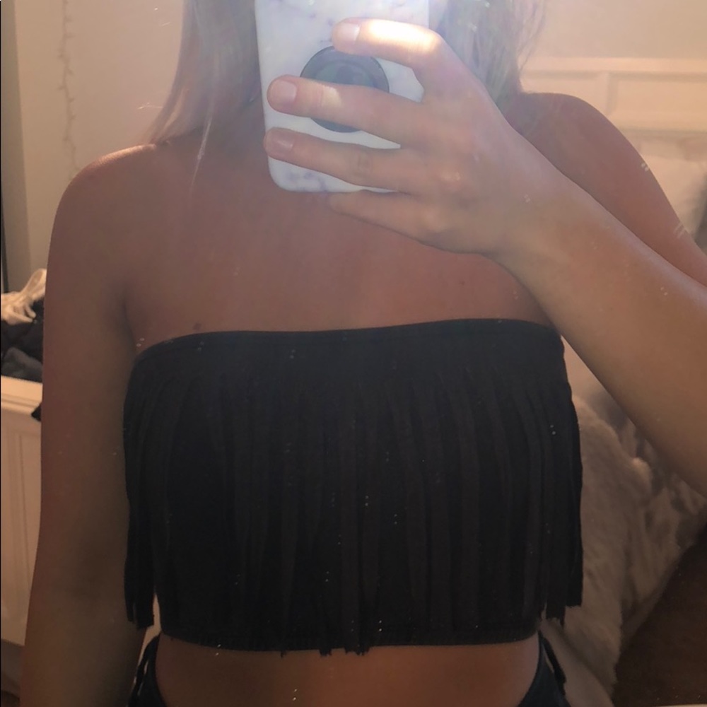 Brown bandeau fringe crop top